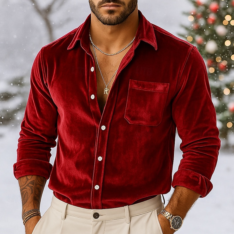 Men's Shirt Yellow Wine Royal Blue Green Long Sleeve Solid Color Plain Shirt Collar Carnival Christmas Pocket Clothing Apparel Christmas Elegant Warm Active2