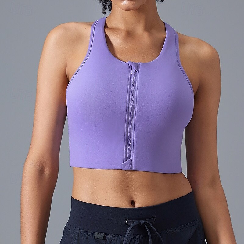 Women's Sports Tank Top Racerback Bra Underwear High Supports Breathable Front Zipper Padded Solid / Plain Color Sport Activewear Black White Gym Running Fitness2