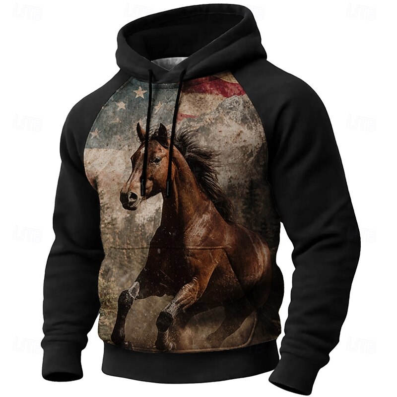 Men's Horse Hoodie Sweatshirt 3D Hunting Hooded Outdoor Sports Outdoor Black Burgundy Raglan Sleeves Fall Winter Designer3