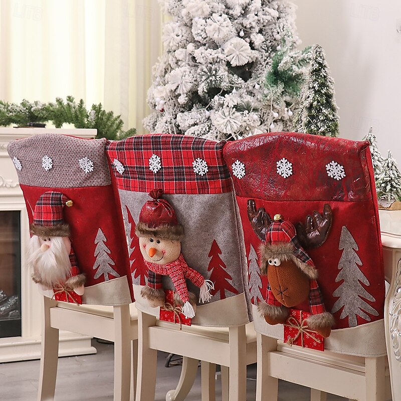 Christmas 3D Cartoon Chair Covers, Santa Claus and Snowman Chair Back Covers, Holiday Table and Chair Decoration, Festive Seat Dress, Christmas Home Decor