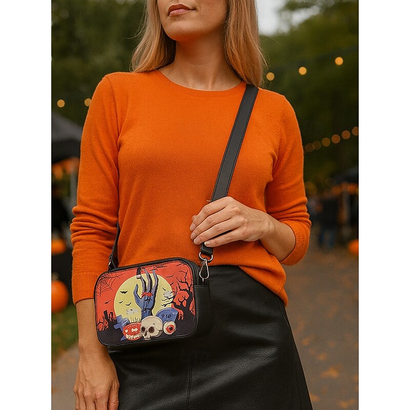 Women's Halloween Crossbody Shoulder Bag – Faux Leather Pumpkin, Skull and Bat Print Purse for Party, Cosplay and Everyday Wear3