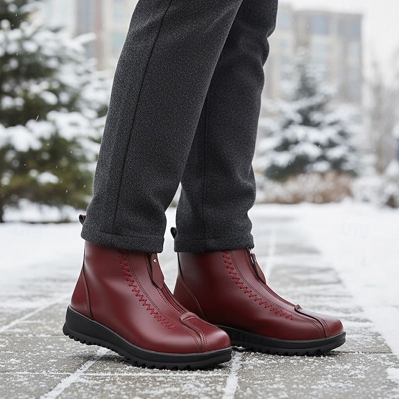 Women's Burgundy Faux Leather Ankle Boots, Double Zipper & Fleece Lined for Cozy Winter Warmth, Non - Slip Sole for All - Day Comfort3
