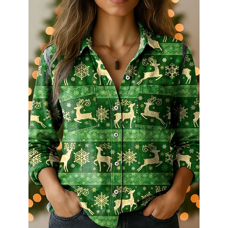 Christmas Women's Shirt Graphic Santa Claus Elegant Vintage Tropical Long Sleeve Shirt Collar Regular Tops Daily Holiday Pocket Buttons Print Black White Red Green Spring Fall Winter2