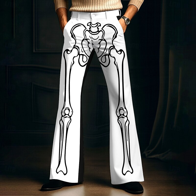 Men's Optical Illusion Skeleton Disco Pants 60s 70s Bell Bottoms Mid Waist Dark Gothic Style Outdoor Holiday Side Pockets Flared Leg Pants Trousers Spring Fall 3D Print Black White