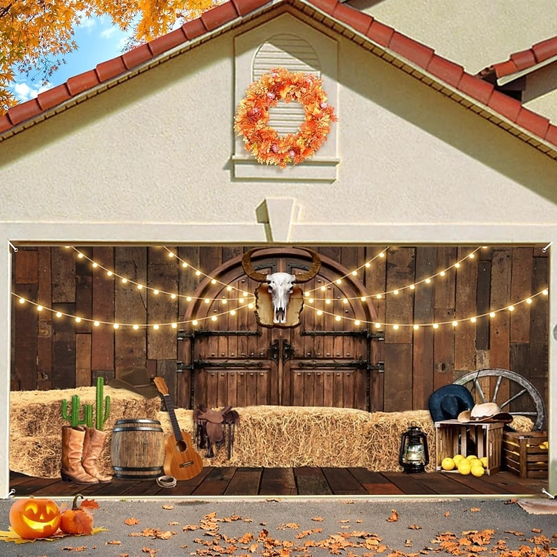 Garage Door Cover Large Hanging Backdrop Cowboy Barn Bull Skull Western Rustic Cottagecore Party Outdoor Shooting Backgrounds Front Door Home Decor4