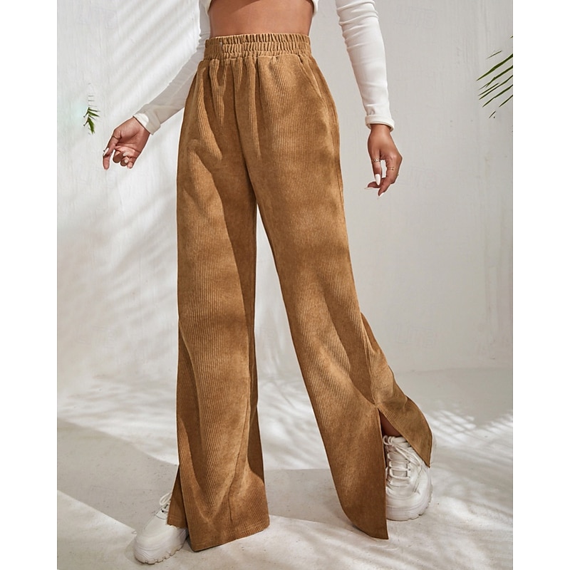 Women's Culottes Wide Leg Chinos Streetwear Casual Full Length Medium Waist Plain Pocket Elastic Waist Comfortable Micro-elastic Outdoor Vacation Daily dark brown Black Ivory Green Fall Winter Loose