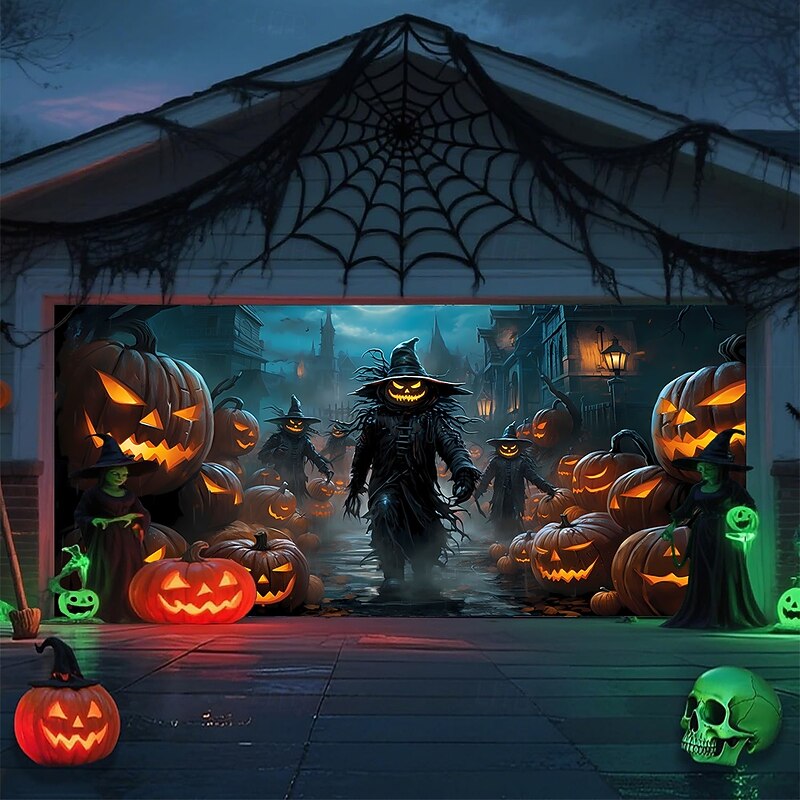 Halloween Garage Door Cover Large Hanging Backdrop Scarecrow Dark Punk Gothic Style Party Outdoor Shooting Backgrounds Yard Haunted House Home Decor