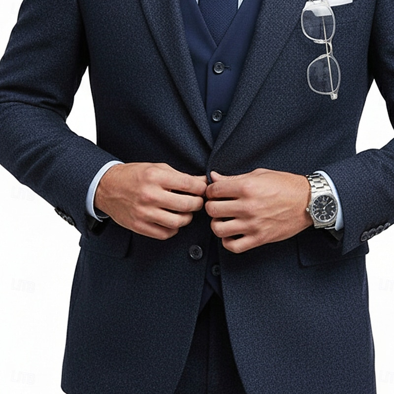 Men's Wedding Business Tweed Suits Notch Lapel Navy Blue Formal Solid Colored Slim Fit 3 Piece Single Breasted One-button3