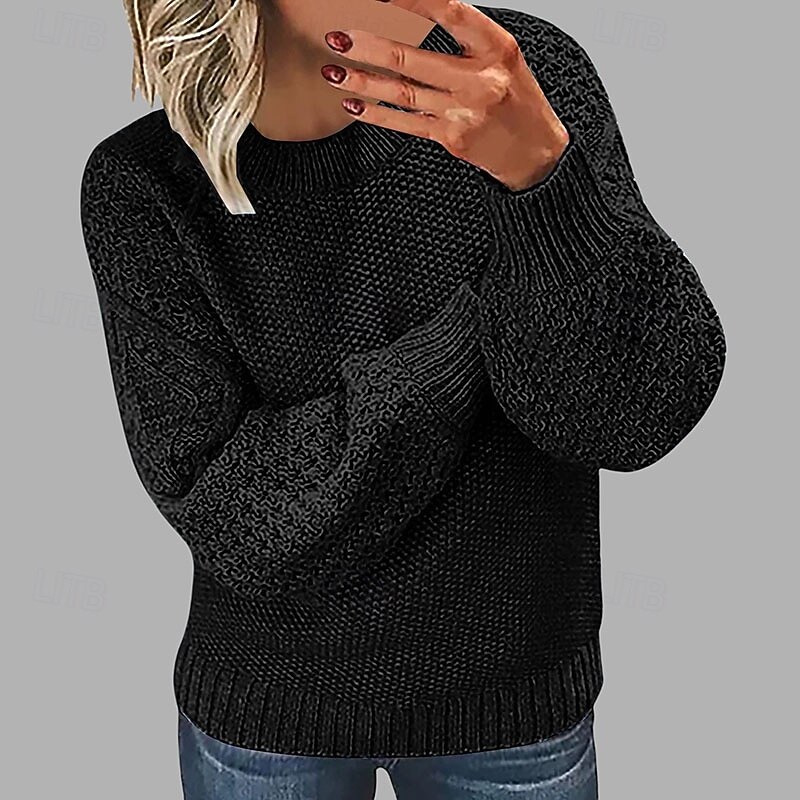 Women's Sweater Pullover Streetwear Casual Floral Crew Neck Knitted Lantern Sleeve Long Sleeve Regular Tops Knit Daily Holiday Going out Black White Fall Winter4
