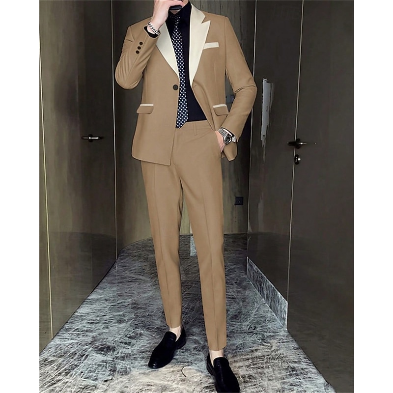 Men's Blazer Suits Business Cocktail Party Wedding Party 2 Piece Fashion Casual Spring &  Fall Polyester Color Block Plain Pocket Buttons Comfortable Single Breasted Blazer Apricot2