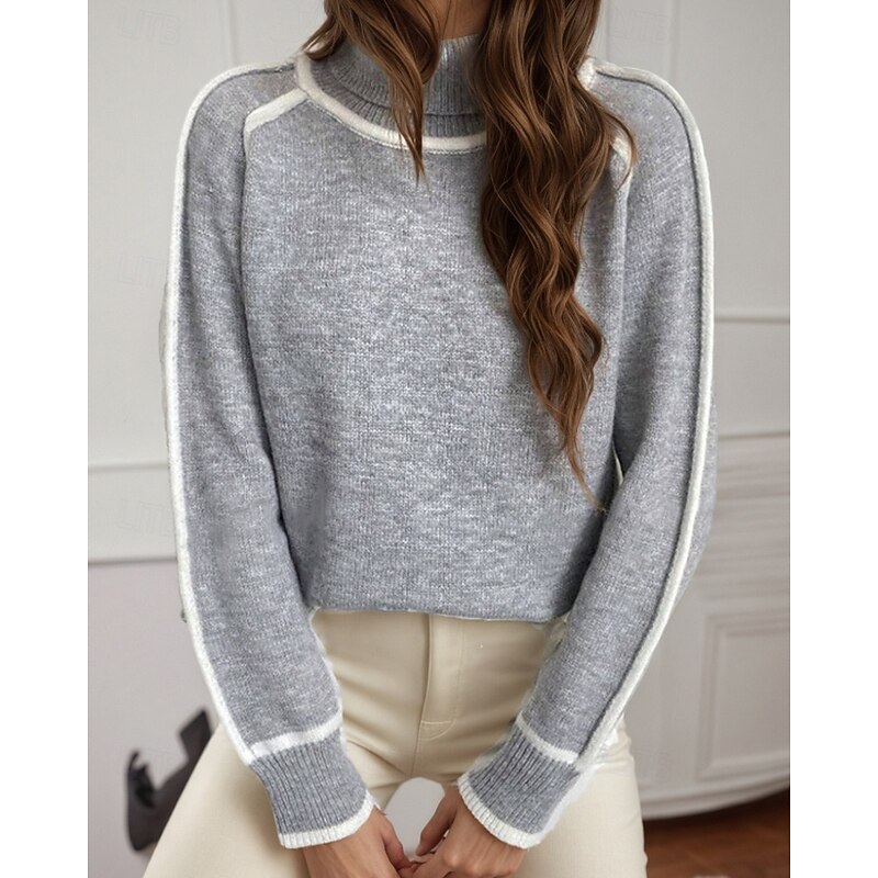 Women's Sweater Pullover Streetwear Casual Color Block Turtleneck Patchwork Knitted Long Sleeve Regular Tops Knit Outdoor Daily Going out Black Yellow Fall Winter2