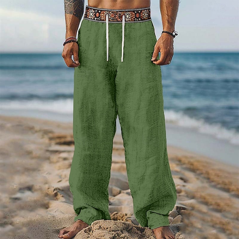 Men's Linen Pants Trousers Summer Pants Beach Pants Drawstring Patchwork Elastic Waist Geometric Comfort Breathable Full Length Casual Daily Holiday Vacation Fashion Green Khaki2