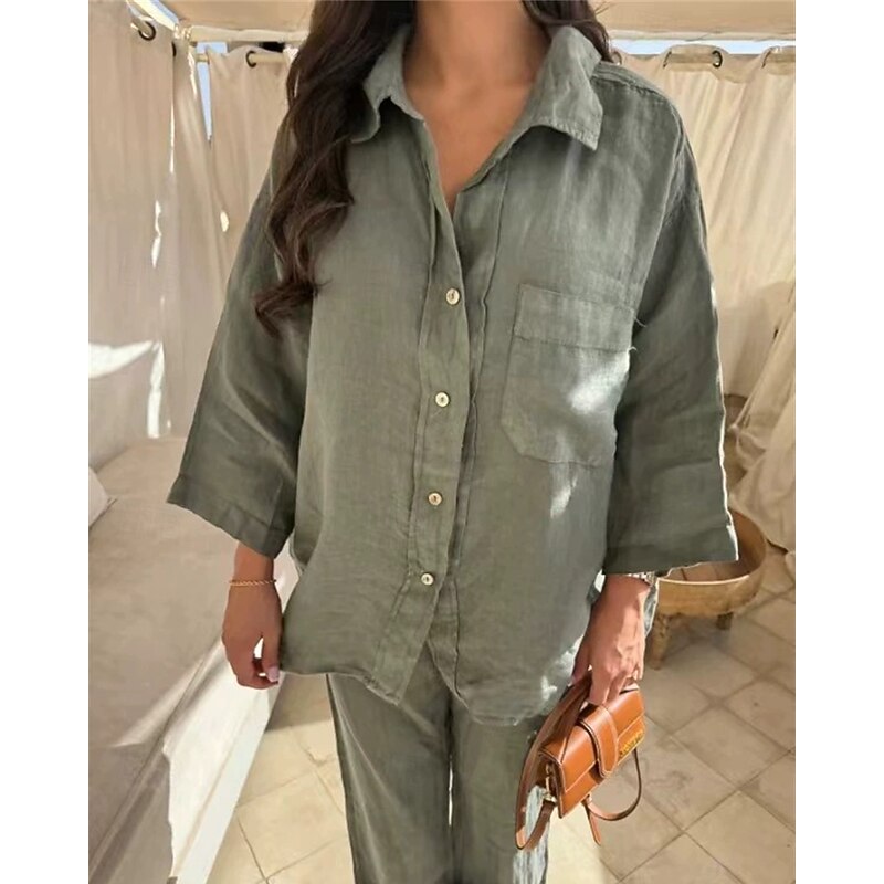 Women's Active Fashion Blouse Pants Sets Long Sleeve Shirt Collar Solid Color Dubbele Rij Knopen Vacation Casual Daily Green Summer Regular Fit2