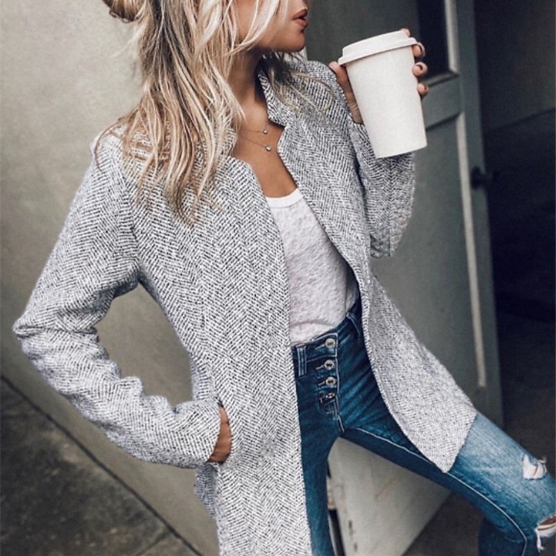 Women's Winter Jacket Comfortable Breathable Pocket Casual Plain Office Street Casual Daily Wear Open Front Regular Stand Collar Regular Fit Long Sleeve Outerwear Black Khaki Gray Spring Fall3