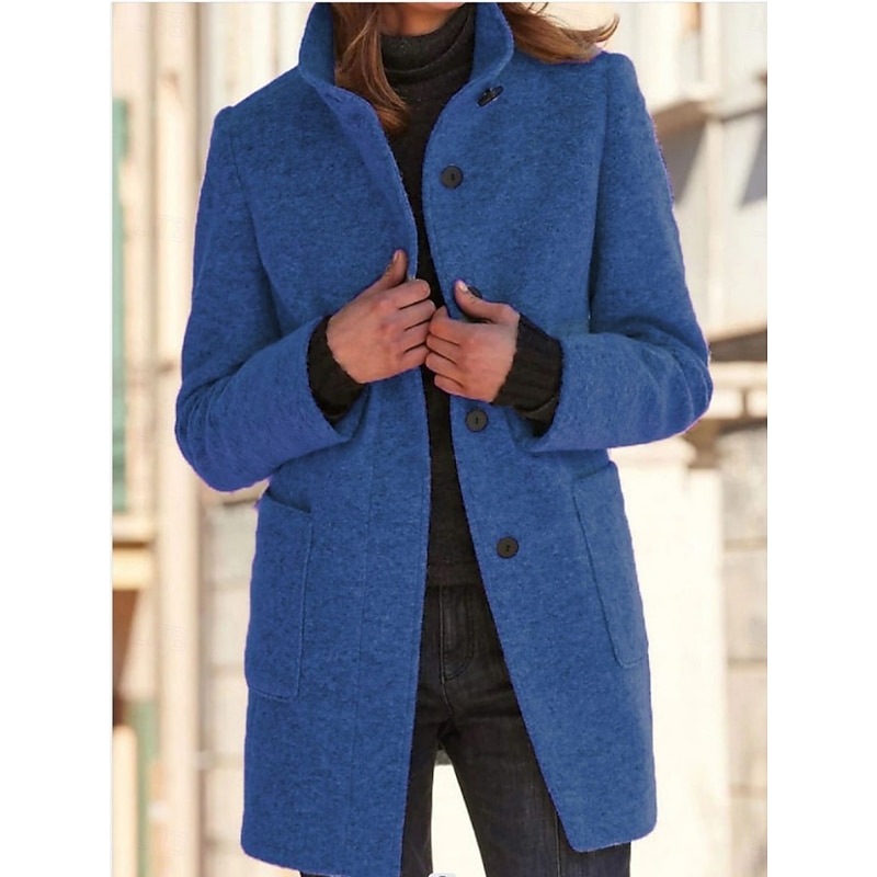 Women's Casual Jacket Comfortable Breathable Pocket Buttons Classic Casual Plain Vacation Street Casual Daily Wear Single Breasted Long Stand Collar Regular Fit Long Sleeve Outerwear Royal Blue Blue3