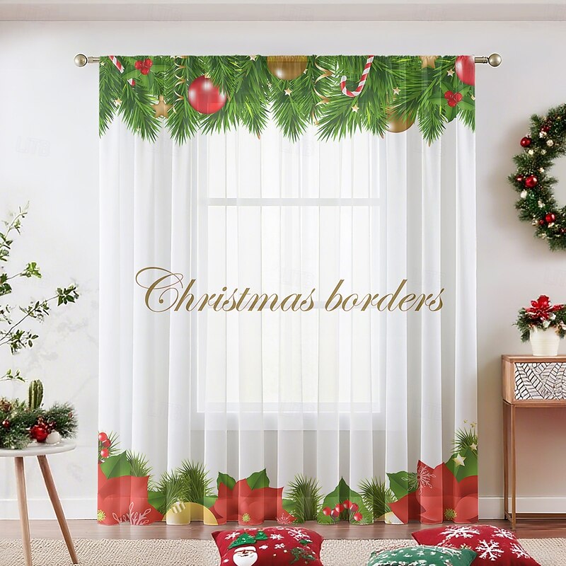 1pc New Christmas Series Sheer Curtain, 3D Digital Printed Rod Pocket Window Voile, Bedroom & Living Room Holiday Decoration, Factory Direct2
