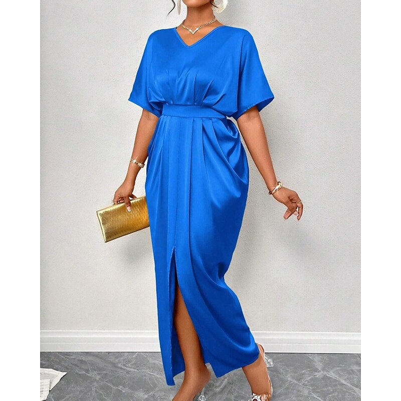 Women's Long Dress Maxi Dress Party Dress Cocktail Dress Satin Dress Elegant Modern Party Evening Party Regular Fit Plain Short Sleeve V Neck Black Yellow Royal Blue Dark Green Fall Winter