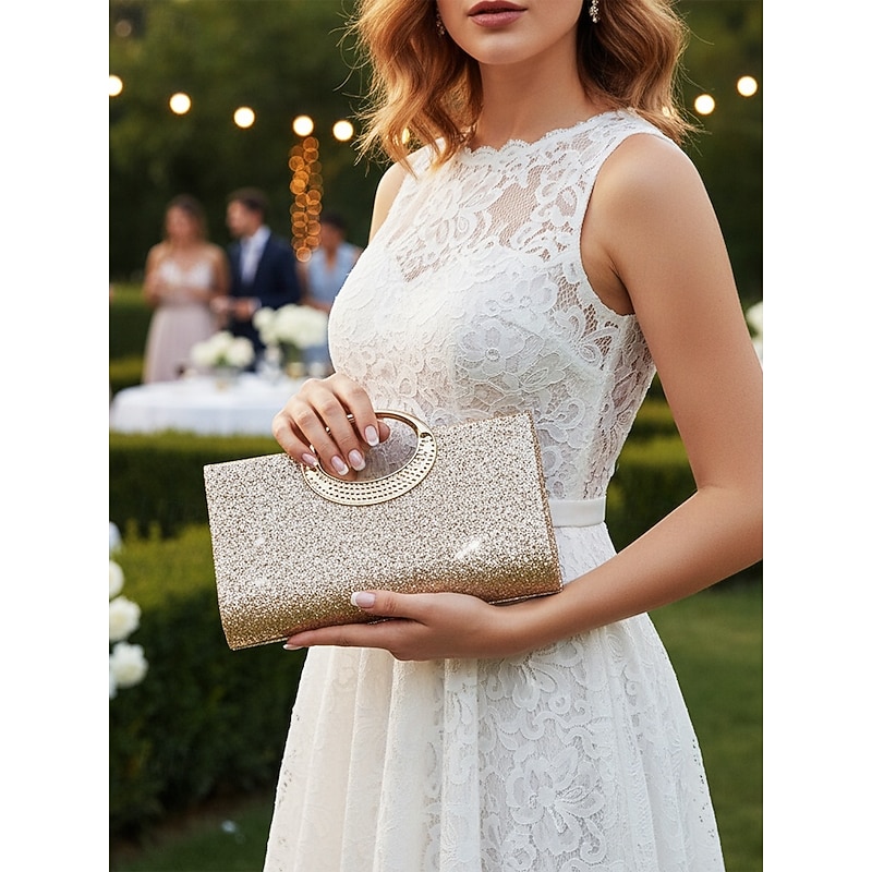 Women's Glitter Silver Gold Evening Clutch Bag with Metallic Ring Handle, Elegant and Stylish Handbag for Parties, Weddings and Formal Event2