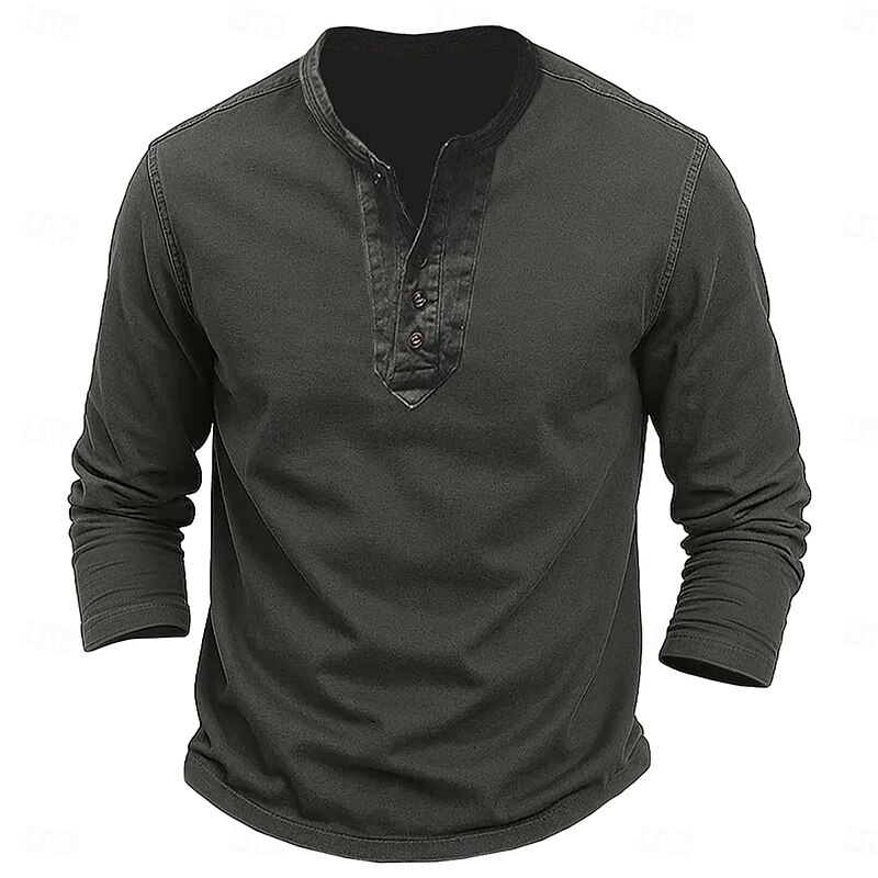 Men's Henley Shirt Vintage Shirt Long Sleeve Solid Vintage Retro Vintage Vintage Style Washed Henley Casual Spring &  Fall All Seasons Brown Dark Gray Henley T-Shirt3