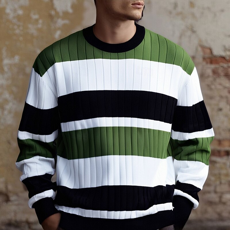 Men's Pullover Sweater Jumper Knit Sweater Ribbed Knit Regular Tops Knitted Color Block Crew Neck Fashion Basic Vacation Daily Wear Clothing Apparel Fall Winter Green Khaki S M L4