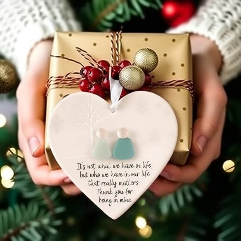 Christmas Ornament Heart-Shaped Sea Glass Ceramic Friendship Decor with Gift Box, Handmade Ocean-Inspired Hanging Keepsake for Best Friends, Holiday Tree Decoration Gift4