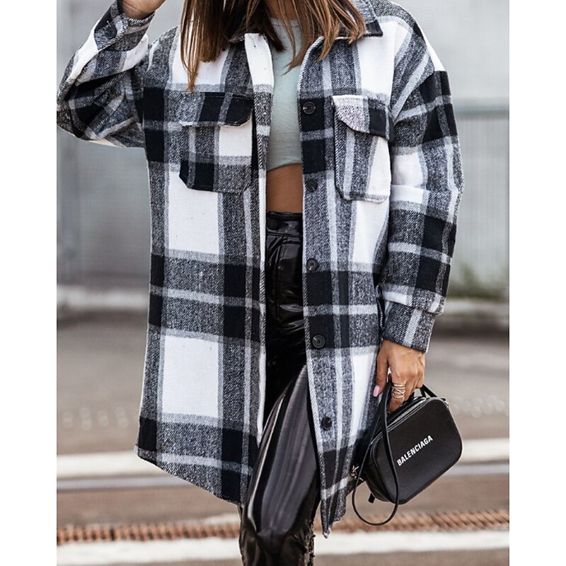 Women's Shirt Jacket Shacket Comfortable Pocket Buttons Casual Plaid Vacation Daily Wear Going out Weekend Long Turndown Regular Fit Long Sleeve Outerwear Black Fall Winter2