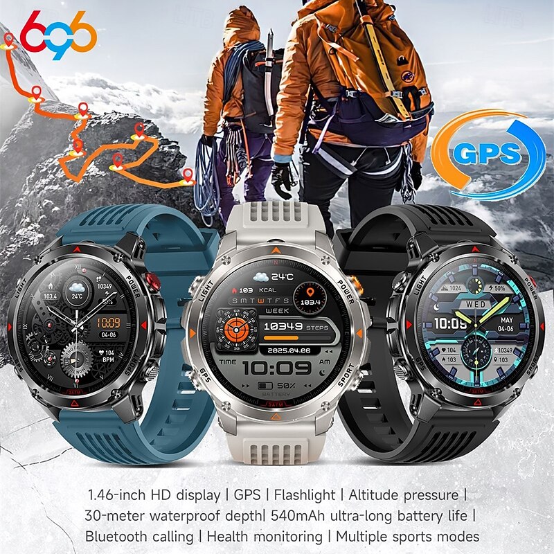 HT37 Smart Watch 1.46 inch Smartwatch Fitness Running Watch Bluetooth Pedometer Call Reminder Activity Tracker Compatible with Android iOS Men Long Standby Waterproof Media Control IP68 22mm Watch2