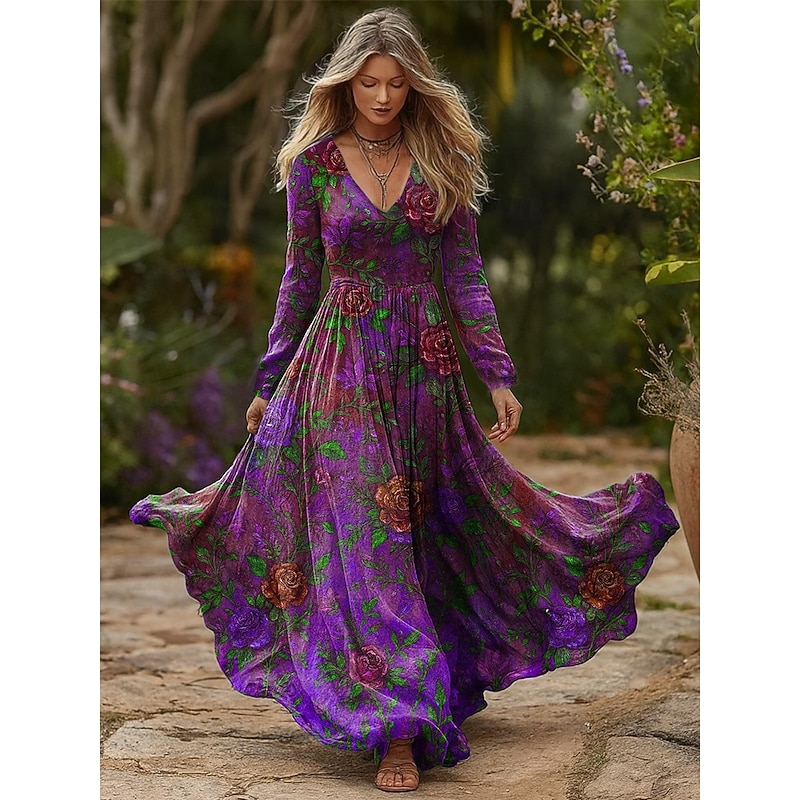 Women's Maxi Dress Pleated Dress Party Casual Boho Daily Date Going out Regular Fit Floral Graphic Long Sleeve V Neck Blue Fuchsia Spring Fall Winter2