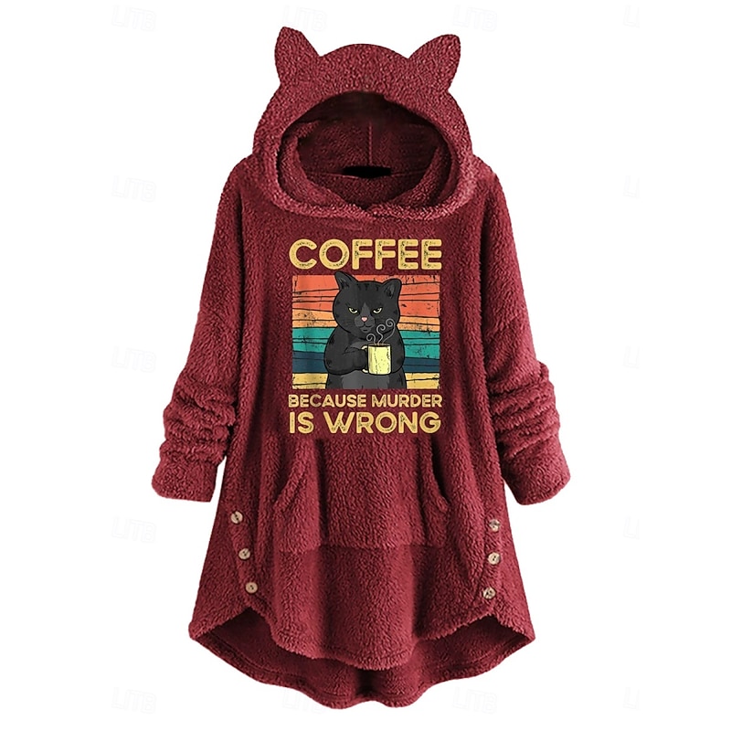Women's Pullover Hoodie Sweatshirt Geometric Cat Casual Long Sleeve Hooded Crop Tops Street Dailywear Casual Pink Wine Dark Pink Dark Gray Gray Fall Winter