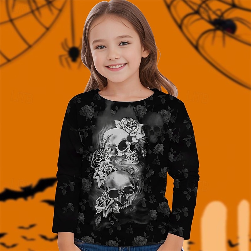 Halloween Girls' 3D Skull T shirt Tee Long Sleeve Spring Fall Fashion Basic Kids 4-12 Years Crew Neck Outdoor Casual Daily Regular Fit