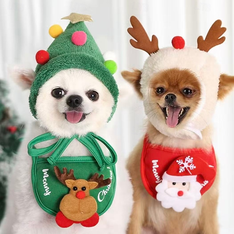 Christmas Tree Pom-Pom Hat & Bandana for Pets Dog Cat Xmas Costume Set with Scarf Bib, Adorable Holiday Outfit for Small Dogs Puppy Teddy French Bulldog Pomeranian2
