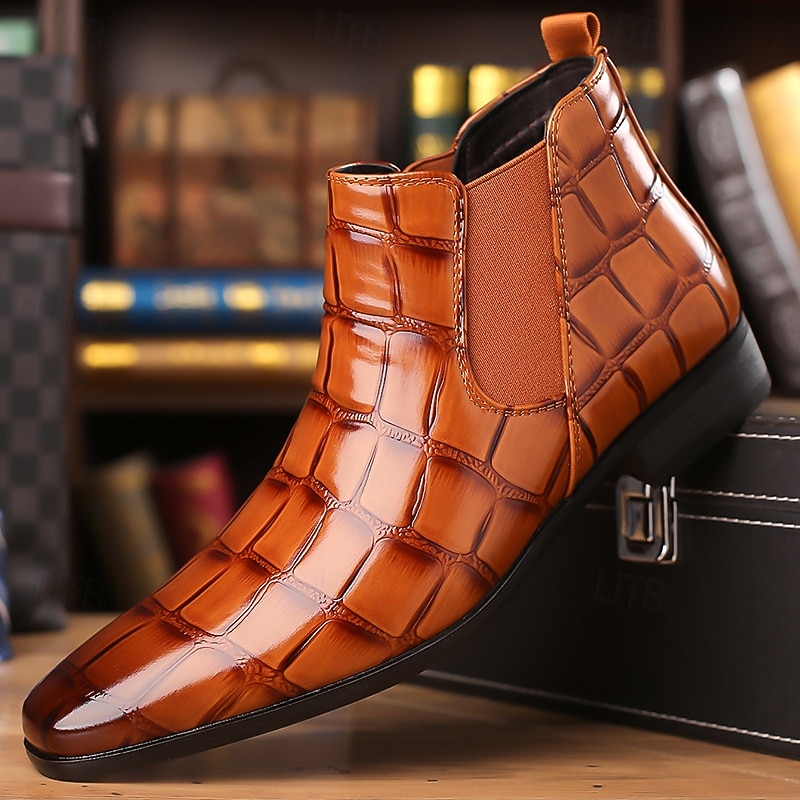 Men's Brown Crocodile Pattern Chelsea Boots – Faux Leather Ankle Boots with Elastic Side Panels, Vintage Style Dress Boots for Office and Evening Wear
