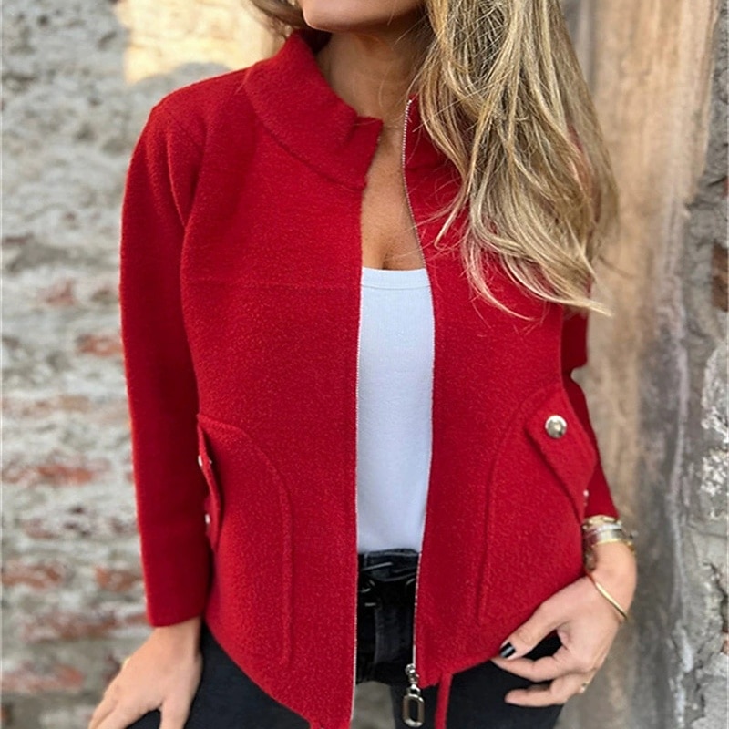 Women's Blazer Comfortable Zipper Pocket Elegant Fashion Outdoor Plain Going out Casual Daily Weekend Cardigan Regular Stand Collar Regular Fit Long Sleeve Outerwear Black Red Blue Spring Fall2
