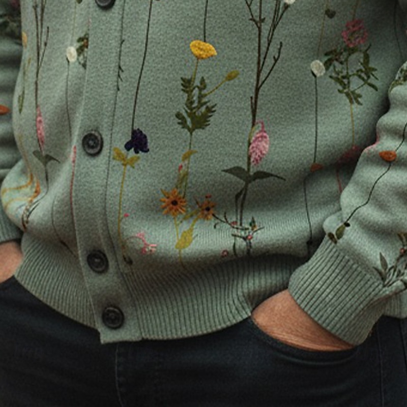Christmas Men's Floral Botanical Flower / Plants Sweater Cardigan Sweater V Neck Retro Vintage Casual Outdoor Home Party Buckle Long Sleeve Fall Winter White Green3