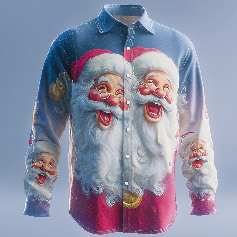 Christmas Men's Santa Claus Smile Face funny christmas Shirt Button Up Shirt Long Sleeve Funny Outdoor Holiday Spring Fall Turndown 3D Print Collared Shirts Pink Blue2