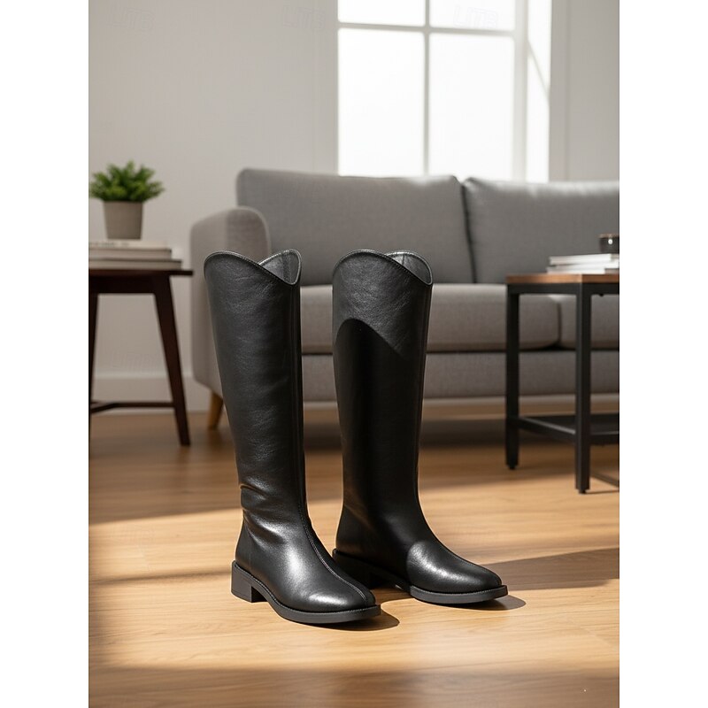Women's Black Knee-High Riding Boots with Low Block Heels, Sleek Minimalist Design for Urban Fashion Styling4