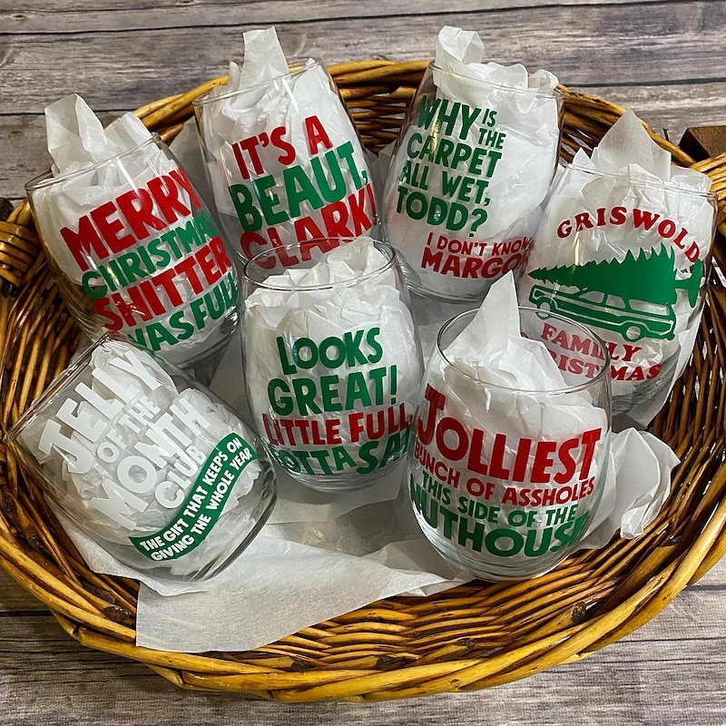 Christmas Vacation Stemless Wine Glasses Holiday Movie Quote Designs, 12 Classic Vacation Inspired Styles