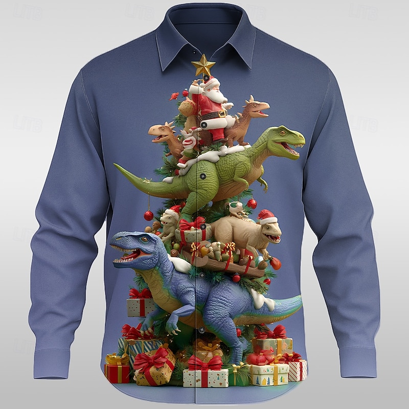 Christmas Men's Santa Claus Dinosaur Christmas Tree Shirt Button Up Shirt Long Sleeve Funny Outdoor Holiday Spring Fall Turndown 3D Print Collared Shirts Purple Green Khaki2