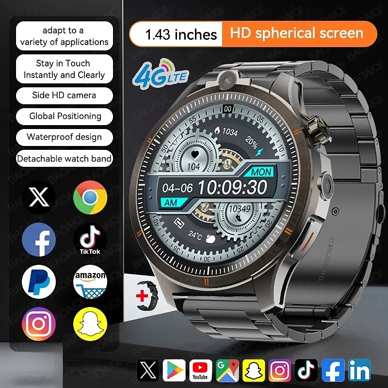 LW9 Smart Watch 1.43 inch Smartwatch Fitness Running Watch Bluetooth 4G Temperature Monitoring Pedometer Call Reminder Compatible with Android iOS Men GPS Long Standby Hands-Free Calls IP68 22mm2
