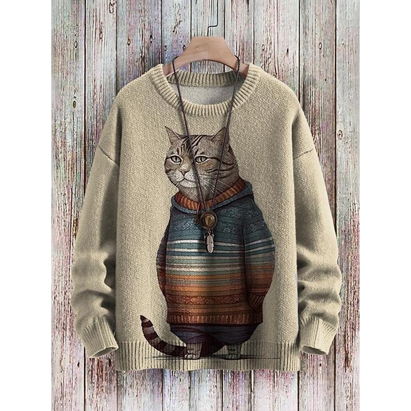 Women's Sweater Cute Casual Soft Animal Ribbed Crew Neck Knitted Print Long Sleeve Regular Tops Knit Outdoor Daily Weekend Blue Brown Fall Winter2