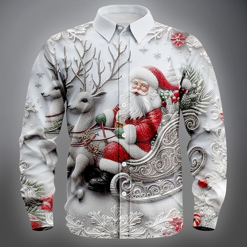 Christmas Men's Santa Claus Reindeer Christmas Costume Shirt Button Up Shirt Long Sleeve Funny Outdoor Holiday Spring Fall Turndown 3D Print Linen Like Shirt White 1 Blue 2# Blue 1# White White 2
