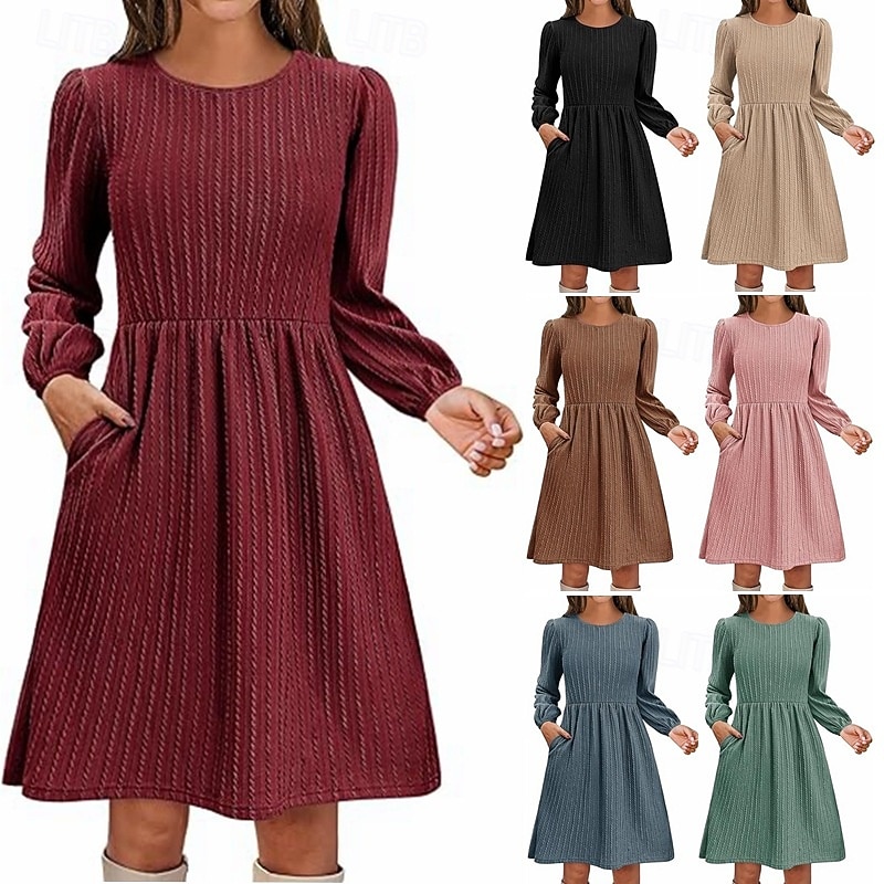 Women's Mini Dress Casual Dress Elegant Fashion Classic Outdoor Daily Going out Regular Fit Plain Long Sleeve Crew Neck Black Pink Wine Brown Spring Autumn