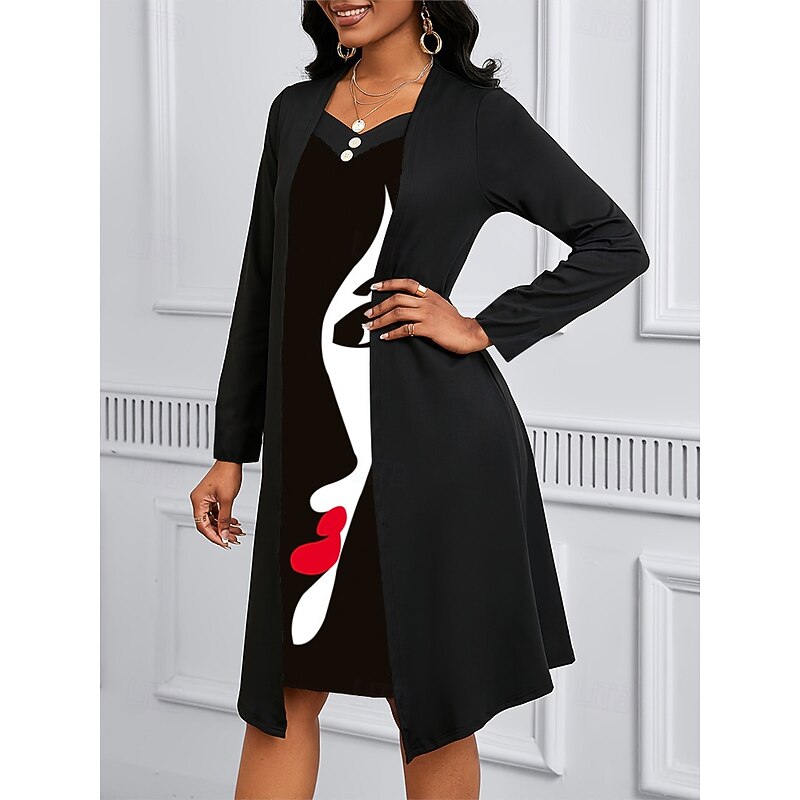 Women's Midi Dress A Line Dress Casual Daily Regular Fit Graphic Long Sleeve V Neck Black Summer Spring Fall2