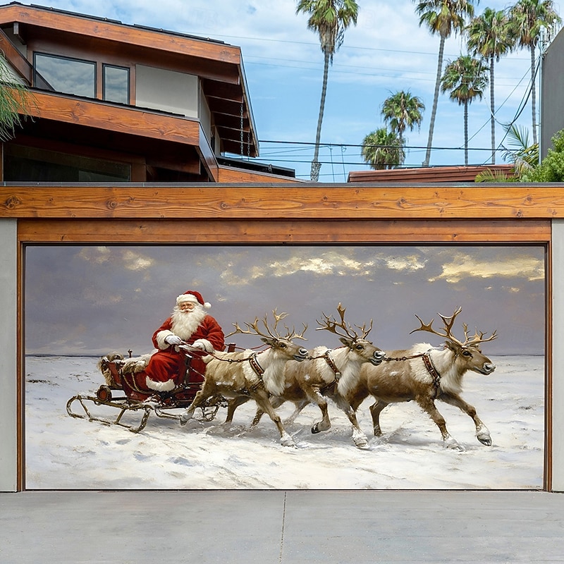 Christmas Outdoor Garage Door Cover Santa Claus Reindeer Nutcracker Large Tapestry Backdrop Holiday Decoration For Outdoor Garage Door Home Wall Winter Christmas Party Decor4