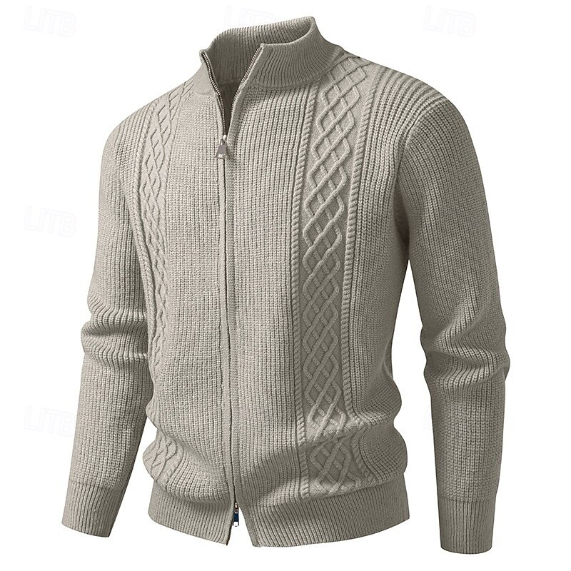 Men's Sweater Cardigan Sweater Ribbed Cable Knit Short Knitted Plain Stand Collar Vacation Fashion Casual Daily Wear Clothing Apparel Fall Spring &  Fall Black khaki M L XL4