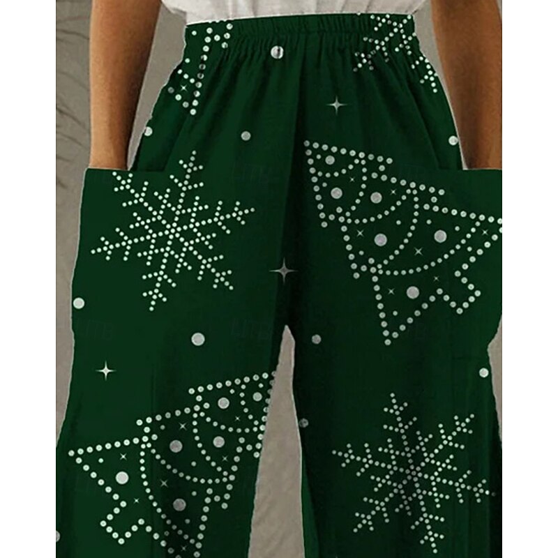 Women's Wide Leg Pants Trousers Vacation Ethnic Style Basic Full Length High WaistPantsChristmas Graphic Snowflake Pocket Elastic Waistband Print Comfy Breathability Inelastic Vacation Casual Daily2
