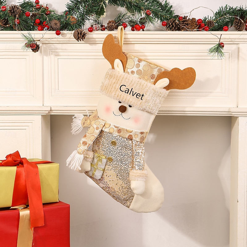 Personalized Christmas Stocking Custom Name Gold Reindeer Long Holiday Stockings for Christmas Tree Decoration, Perfect Gift for Xmas & New Year Celebrations