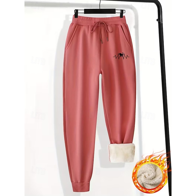 Women's Sweatpants Vacation Vintage Ethnic Style Full Length High Waist Heart Drawstring Pocket Fleece Thermal Warm Windproof Comfy Micro-elastic Formal Vacation Street Pink Gray Winter Regular Fit