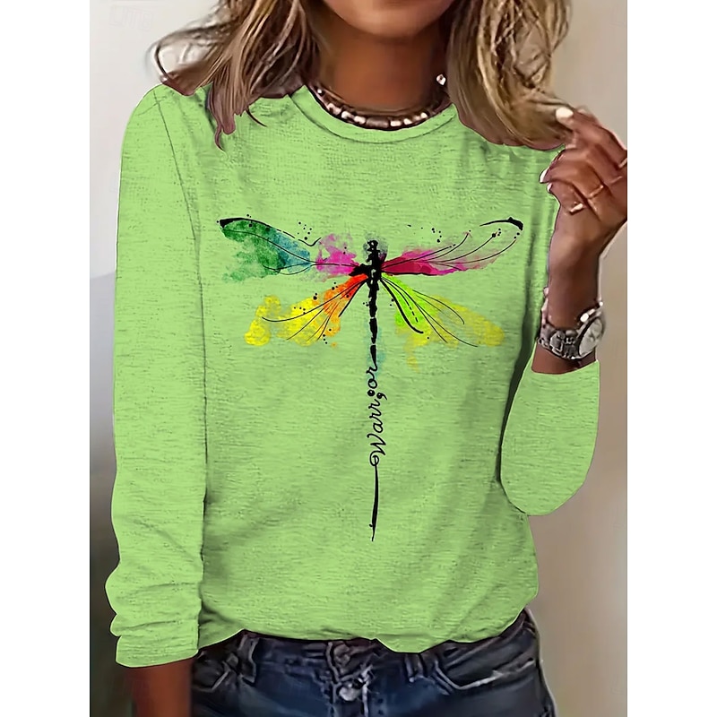 Women's T Shirt Graphic Dragonfly Vintage Stylish Classic Long Sleeve Crew Neck Regular Tops Daily Print Pink Blue Green Spring Fall Winter