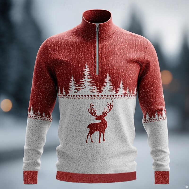 Christmas Men's Elk Polo Long Sleeve Standing Collar Athleisure Vacation Casual Daily Festival 3D Print Spring Fall Winter Black Green Red